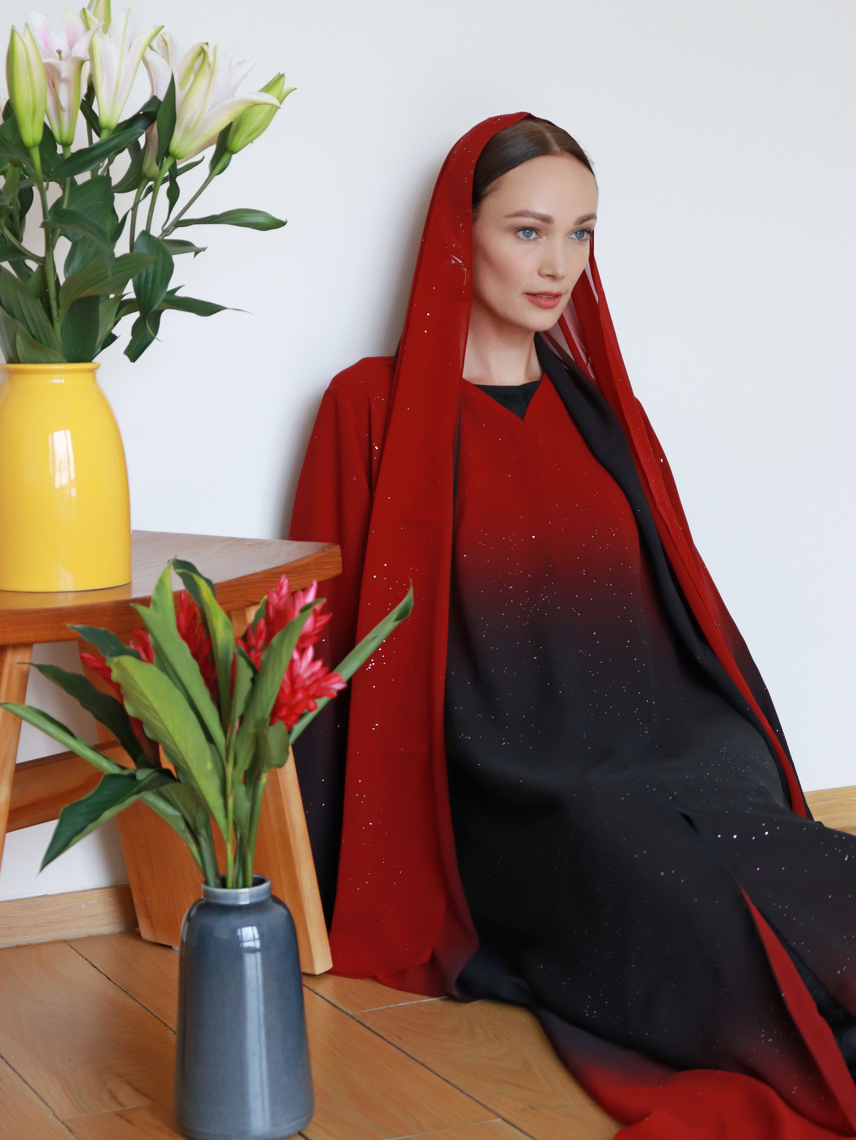 Najma Ombre Abaya in Red & Black