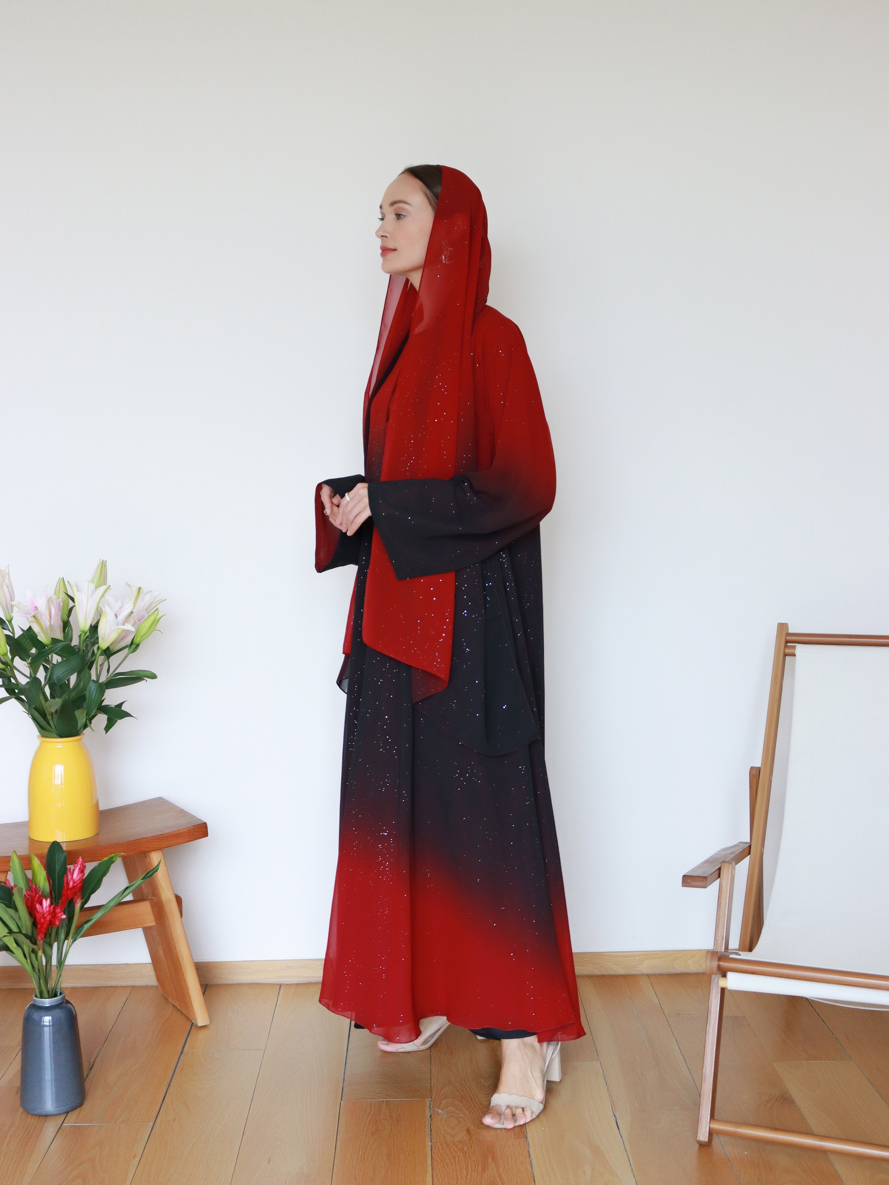 Najma Ombre Abaya in Red & Black