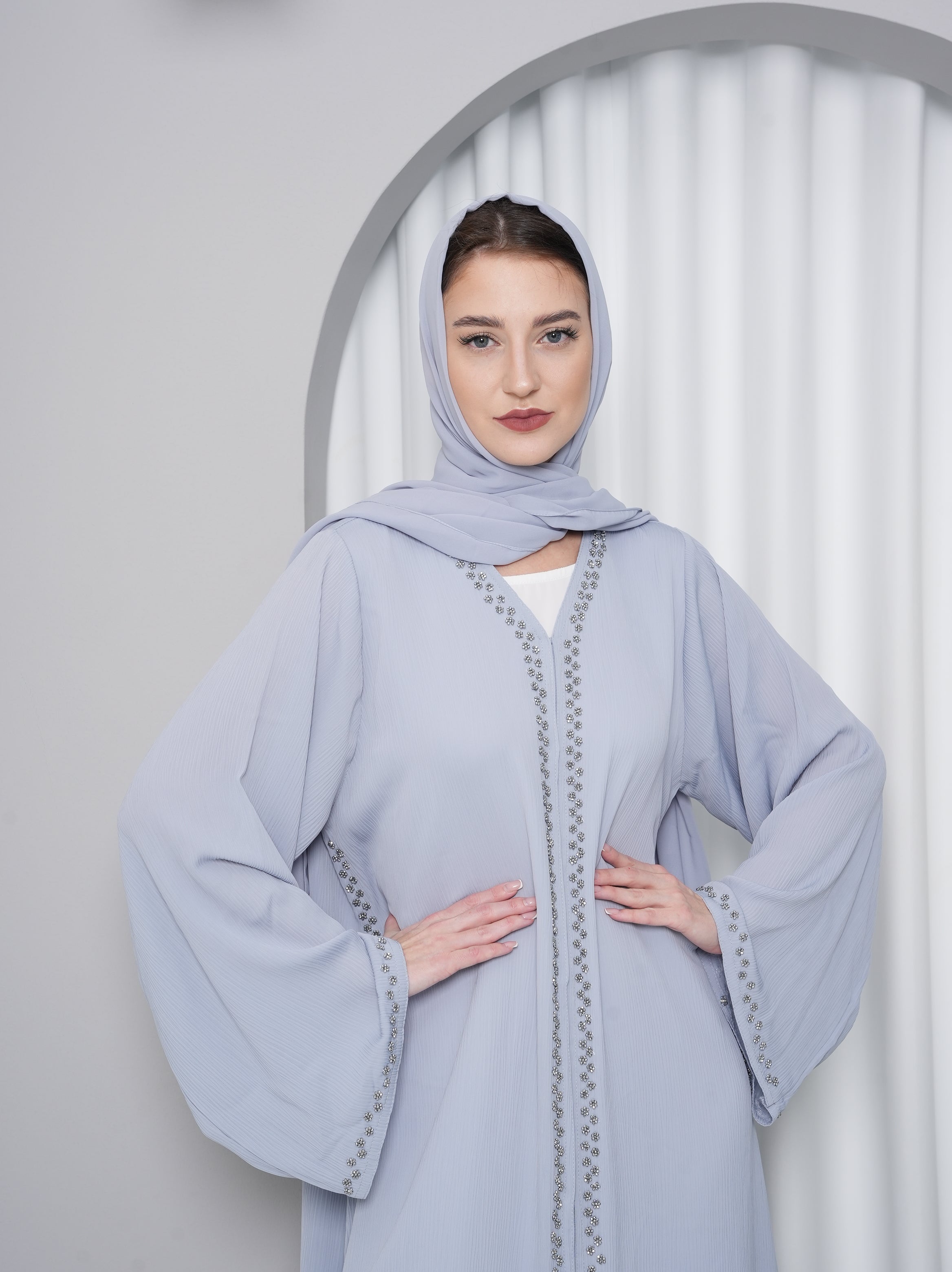 Noor Abaya in Dusty Blue