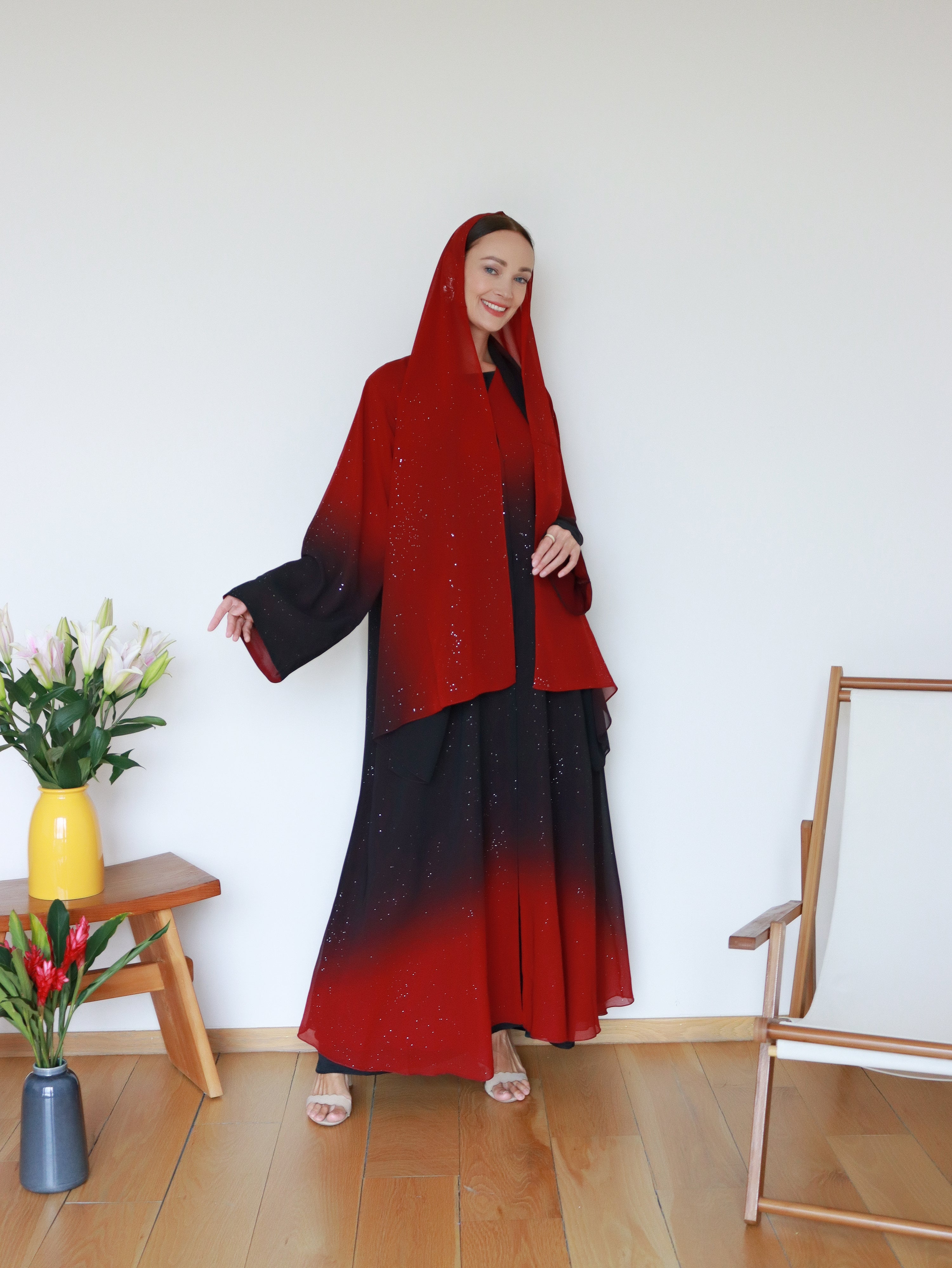 Najma Ombre Abaya in Red & Black